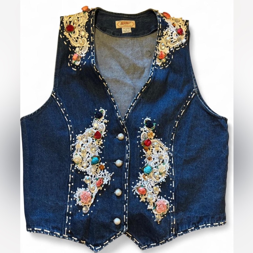 Vintage Denim Vest 90s Embroidered Floral